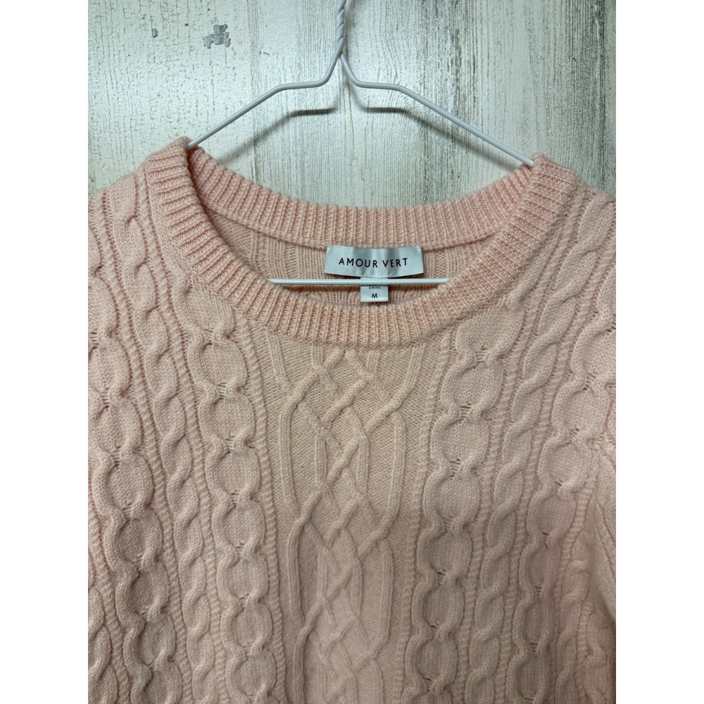 Amour Vert 100% Wool Cable Knit Sweater Women M Pink Fisherman Crewneck Preppy - Picture 9 of 10